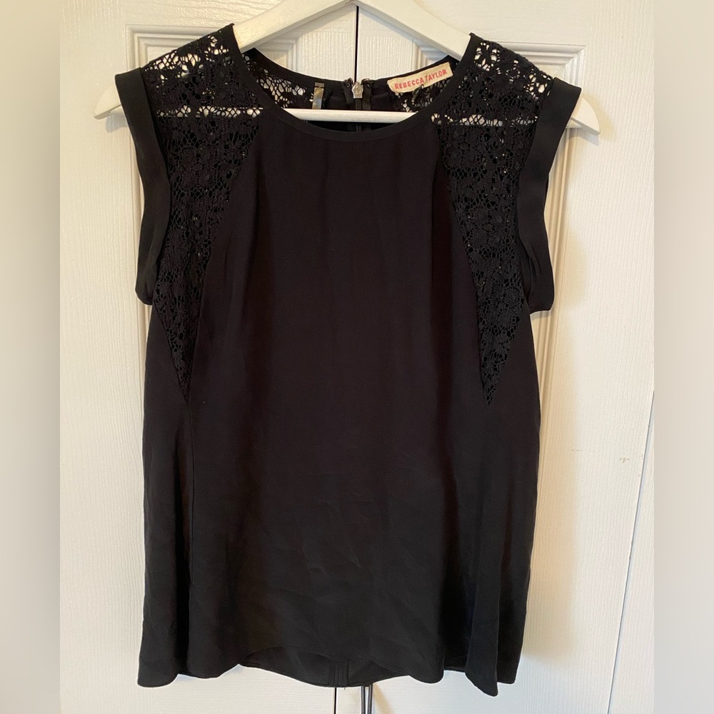 Rebecca Taylor Silk  Black Lace-Panel Cap-Sleeve Blouse Zip Back Size 4